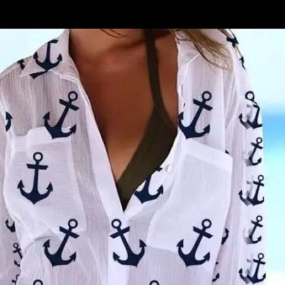 Nautical Button Down  Blouse Top Shirt Ocean Vacation Beach NWT - Picture 2 of 8